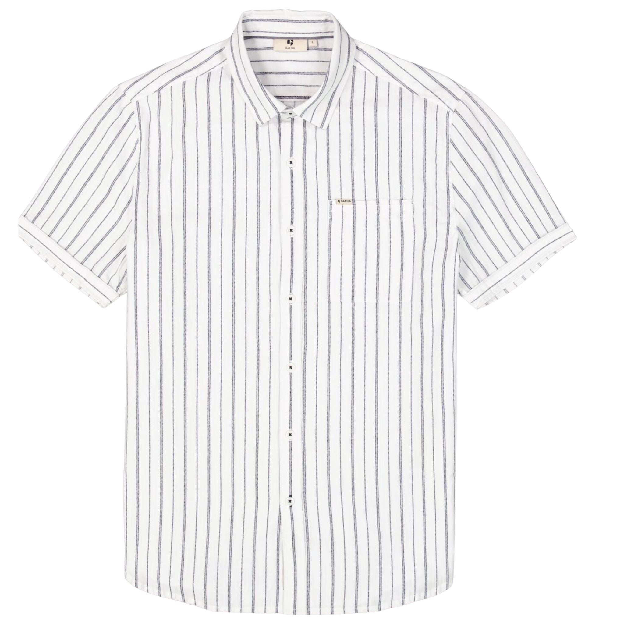 SS White Linen Shirt w/ navy stripe